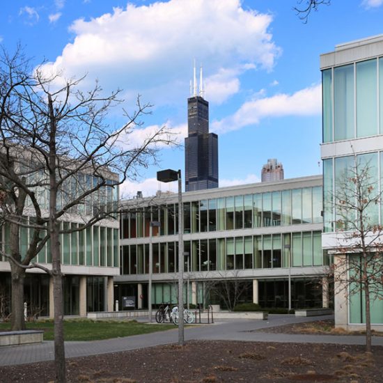 UIC's Douglass Hall with the Willis Tower in the background.