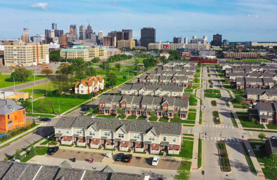 Detroit residential area with the Downtown Detroit skyline in the background