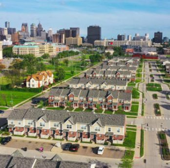 Detroit residential area with the Downtown Detroit skyline in the background 