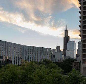 UIC ARC building and University Hall against the sunrise 