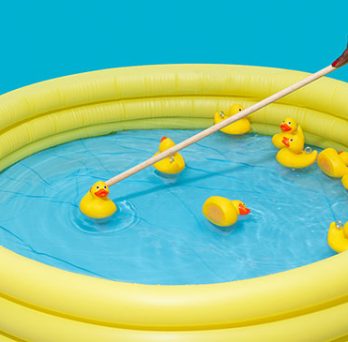 A person using a stick to push around rubber ducks in an inflatable pool 