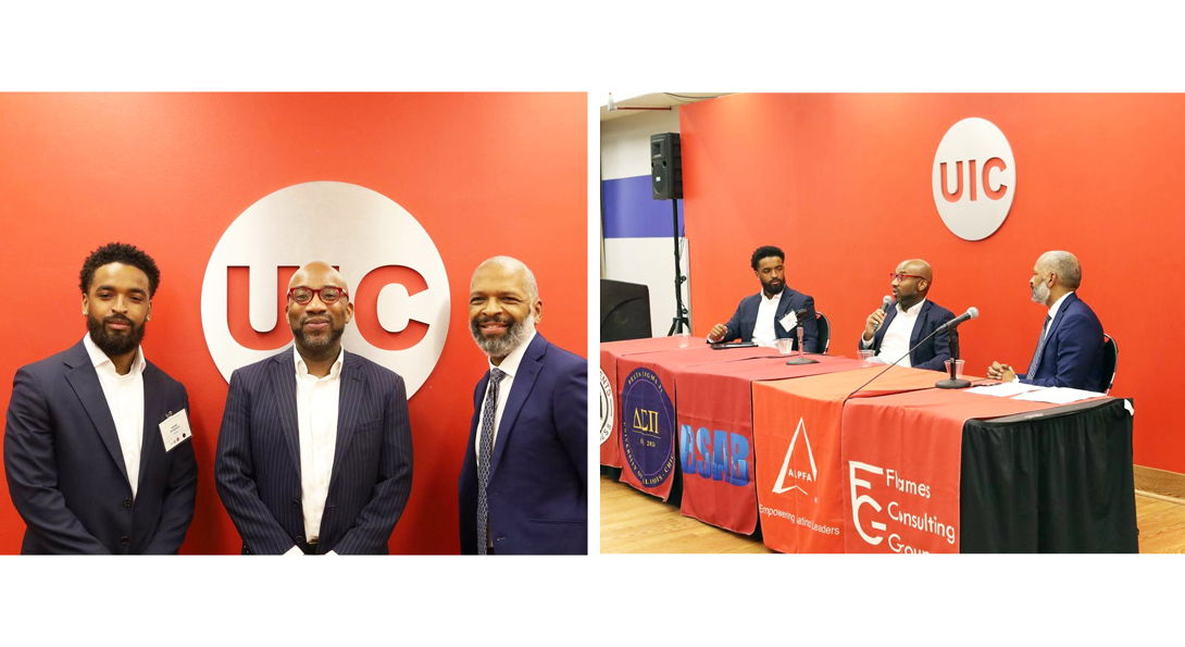 Experts in Business Panel: May 2025 UIC Business graduate Andre Reynolds II, incoming LRN Analyst at DRW; Kwesi Smith, CFA and CEO of the Greenwood Project; and Andre Reynolds Sr., SVP of Consumer Compliance and Supervisory Operations at the Federal Reserve Bank of Chicago.